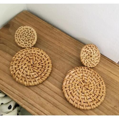 Fashion Korea Handmade Wooden Straw Weave Braid Drop Earrings Double Circle Rattan Vine Knit Long Earrings For Women Girl y1223