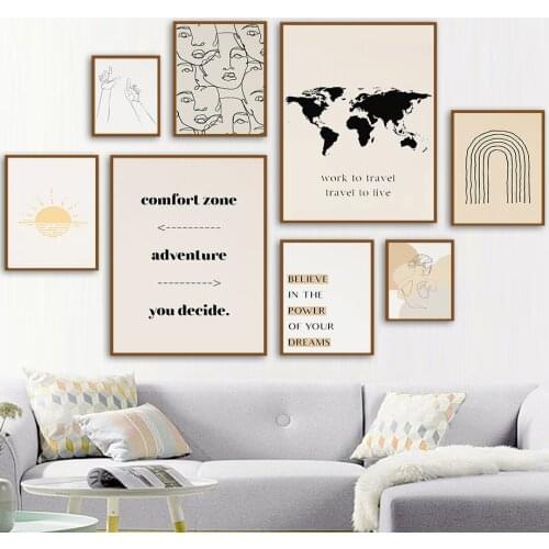 Nordic Posters And Prints World Map Sun Line Hand Woman Face Quote Wall Art Canvas Painting Wall Pictures For Living Room Decor