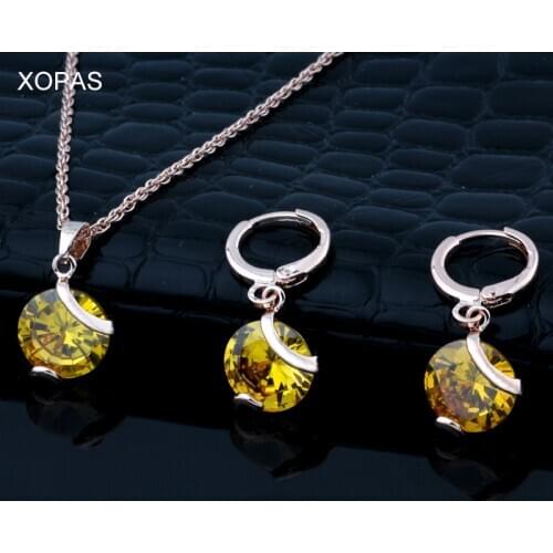 New 8 Color Arrival Womens Zircon Round Pendent Choker Chain Necklace Earrings Wedding Jewelry Set Fashion Leader' Choice