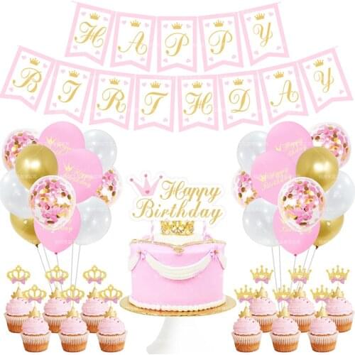 Princess baby birthday decoration theme girl birthday party decoration banner with pink balloon set queen crown cake topper