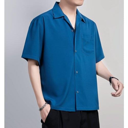 Blue Men Shirts Casual Cuban Short Sleeve Solid Mens Shirt Work Business Brand Camisas Pocket Summer 2021 New Chemise Homme