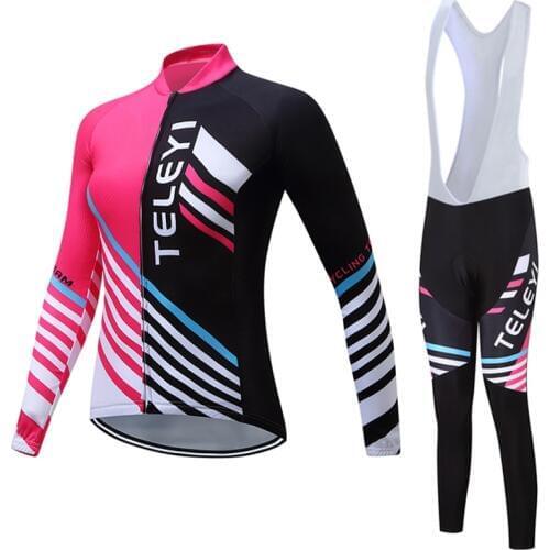 TELEYI Pink Womens Pro Cycling Jersey bib Pants suit Ciclismo Cycling Clothing Set Long Sleeve Bicycle Bike Team Cycle Wear