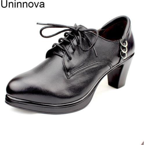 Womens High Heel Pumps Platform Pointed Toe Genuine Leather Elegent Classic British Style Lace up Court Shoes Uninnova WP121