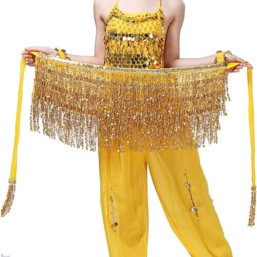 Belly Dance Costume Hip Scarf Stretchy Sequins Tassel Fringe Skirt Belly Dance Festival Waist Skirt Belt Shawl Accessories