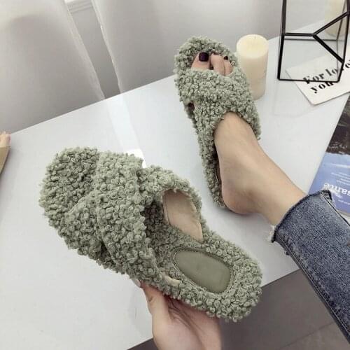 New Women House Slippers Faux Fur Fashion Design Warm Shoes Woman Flats Female Open Toes Slides Cozy Furry Slippers