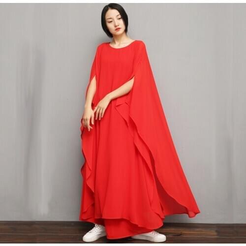 Chinese Style 2 Piece Sets Womens Outfits Red Cheongsam Robe And Wide Leg Pants Female Tang Suit Plus Size Two Piece Sets 11260