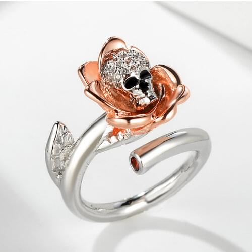 NEW Rose Flower Gothic Skull 925 sterling silver Ring For Women leaves Punk Style Motor Biker Men Ring with AAA CZ skull jewelry