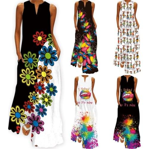 2021 Summer Women Fashion Casual Sexy V-neck Sleeveless Print Dress Pocket Party Maxi Plus Size Dress S-5XL Long Sleeve Dress