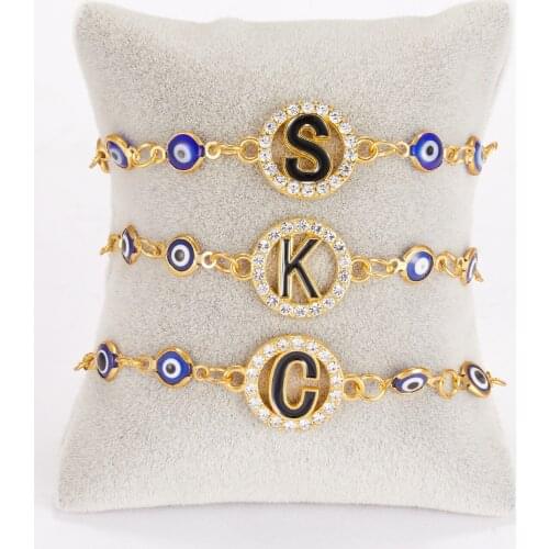 26 Alphabet Letter Rhinestone Charm Adjustable Bracelet Evil Eye Beads Chain Bracelets for Women Party Wedding Jewelry