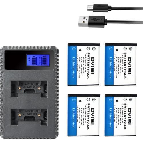 DVISI 4Pcs Li-40B Li 40B 42B Replacement Battery + Dual USB LCD charger for Nikon EN-EL10 D-Li63 D-Li108 NP-80 CNP80 KLIC-7006