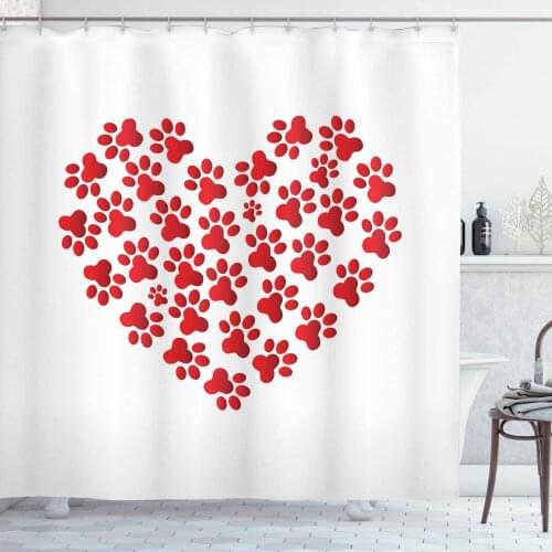 Scarlet White Cat Shower Curtain Heart Shape Cat and Dog Paw Print Funny Fashion Modern Romantic Design Print Bathroom Curtain