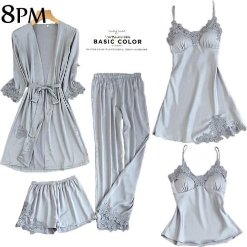 Satin Silk Pajamas Sets Womens Lace Satin Pjs Set V-Neck Silk Wear Home Nightwear Kimono Sleep Robe Bath Gown With Chest Pads
