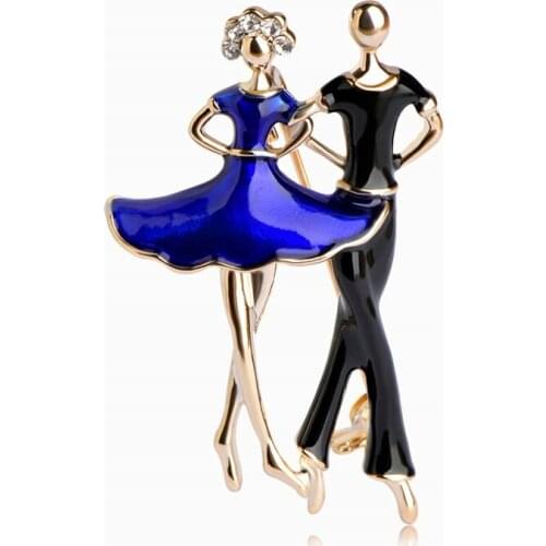 OI Social Dancing Women Men Brooches Blue Enamel Gold color Figure Brooch Shoulder Collar Clips Jewelry Crystal Boutonniere Pin