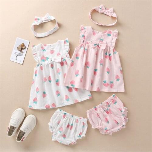 Strawberry Cherry Infant Baby Girls Clothes Summer Suit Sweet Cute Bowknot Dress+Triangle Trousers+Headband Toddler Set Clothes