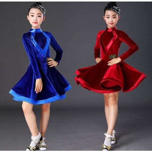 Velvet long sleeves latin dance dress for children girls competition ballroom kids tango salsa dancewear practice wear