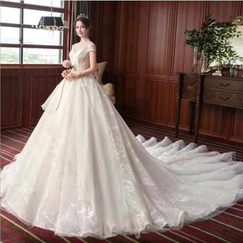 Expensive Prices Luxury Beading Wedding Dress High Neck Long Train 2021 New Bridal Dress Novias