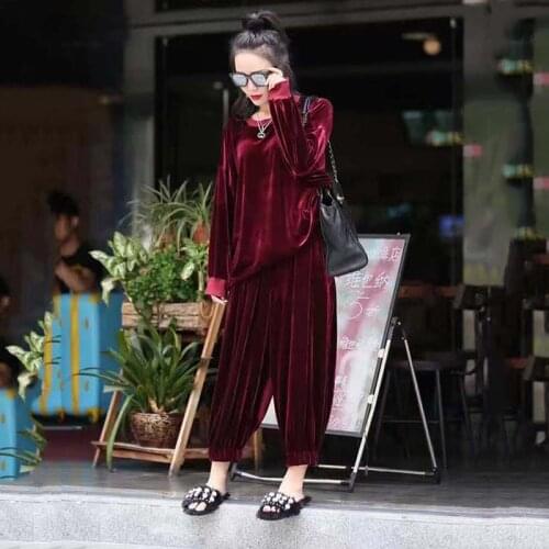 European station 2021spring autumn new fashion suit gold velvet bat sleeve top large size loose wide-leg pants two-piece s107