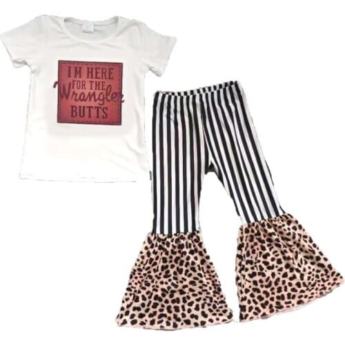 Fashion children summer short sleeve outfit white raglan shirt and bell pants with leopard
