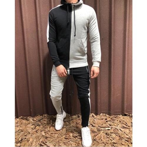 Mens Fitness Sports Running Recreational Suit Two-Color Patchwork Hoodie Jacket+Casual Fashion Joker Pants Two-Piece Suit Tide