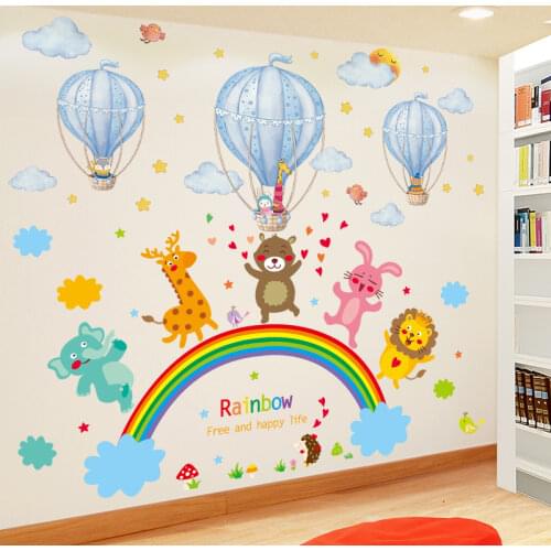 Cartoon Animals Wall Stickers DIY Hot Air Balloon Rainbow Mural Decals for Kids Rooms Baby Bedroom Decoration