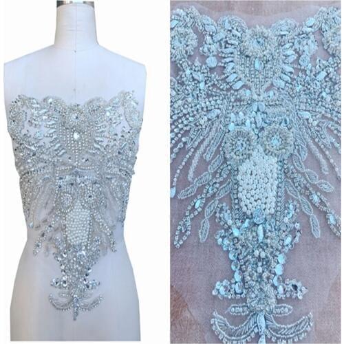 Sew on silver rhinestones applique on mesh handmade crystal trim patches for dress accessory 40*37cm