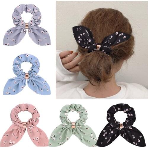 Hair Scrunchies for Women Girls Floral Print Chiffon Rabbit Ear Hair Circle Solid Color Hair Accessories Hairbands Metal Ring