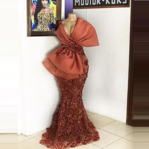 Sexy V Neck Sequin Prom Dresses With Big Bow Formal Party Gowns Elegant See Through Gown Arabic Aso Ebi Muslim Evening Dresses