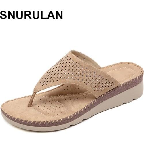 SNURULANNew 2021 Women Sandals Clip Toe 4cm Wedge Heels Thick Bottom Breathable Hollow Out Bohemia Exotic Big Size 41
