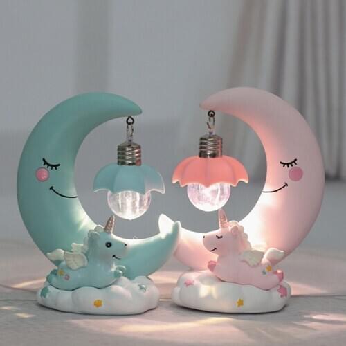 LED Night Light Resin Moon Unicorn Cartoon Baby Lamp Romantic Bedroom Decor for Children Kid Girl Toy Childrens Gift Cute Light
