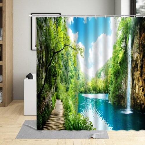 Spring Scenery Shower Curtain Green Plants Waterfall Water Mountain Palm Tree Forest Bathroom Decor Polyester Cloth Curtain Sets