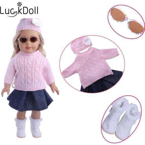 LUCKDOLL Knitted Sweater Denim Skirt Glasses Fit 18 Inch American 43cm Baby Doll Clothes Accessories,Girls Toys,Generation,Gift