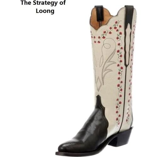 Spring Autumn New European America Style Think High Heels Embroidery Flowers Sewing Slip-On Women Knee-High Long Western Boots