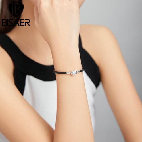 Bisaer Authentic 925 Sterling Silver Modern cross Charm Bracelet For Women Original Fine Jewelry Lover Gift ECB205
