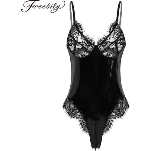 Womens Adult Wetlook Leather Lingerie Teddies Bodystocking Bodycon Straps Lace Cups Zippered Crotch Sexy Bodysuit Sissy Clubwear