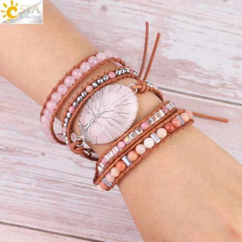 CSJA Tree of Life Women Jewelry Natural Pink Quartz Crystal Stone Charms Bracelet Leather Braided Gems Beads Wrap Bracelets S349