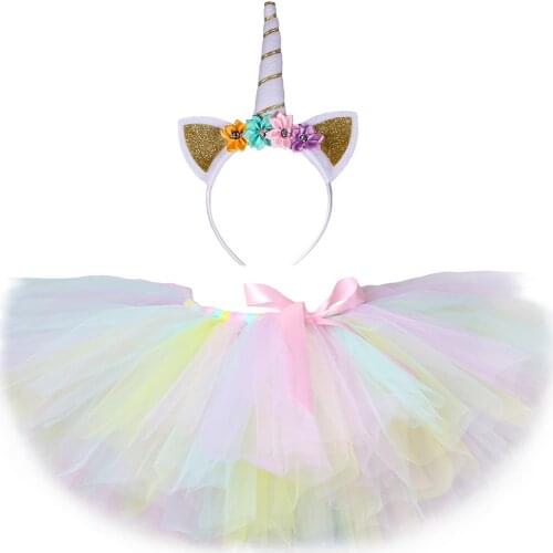 1 Set Pastel Rainbow Unicorn Tutu Skirt Baby Kids Dance Tutu Birthday Party Tulle Skirt Girls Children Halloween Unicorn Costume