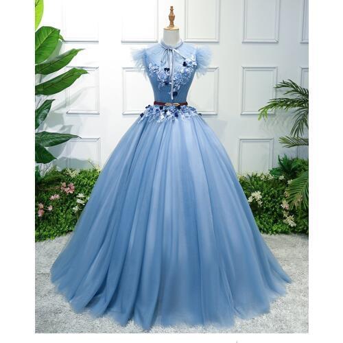 100%real light blue ruffled collar flower beading ball gown Medieval Renaissance Gown queen Victorian dress Marie Belle ball
