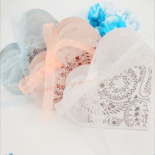 50Pc Heart Paper Gift Box Wedding Candy Box With Ribbon Wedding Baby Shower Favors and Gifts Bag Party Romantic Supplies 7ZSH124