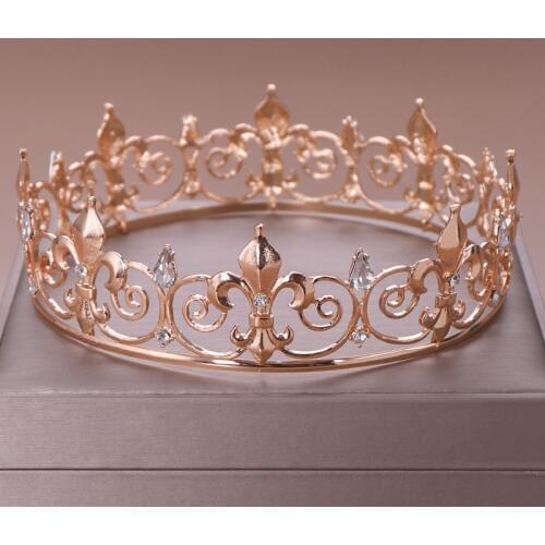 Charmelry Round Gold/Silver Wedding King Tiara Crown Headpiece For Men Party Rhinestone Hair Ornaments Head Jewelry Accessories