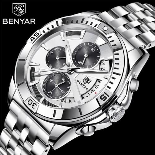 BENYAR Sport Watch Men Top Brand Luxury Male Auto Chronograph Date Clock Military Stainless Steel Waterproof Wristwatch 5180