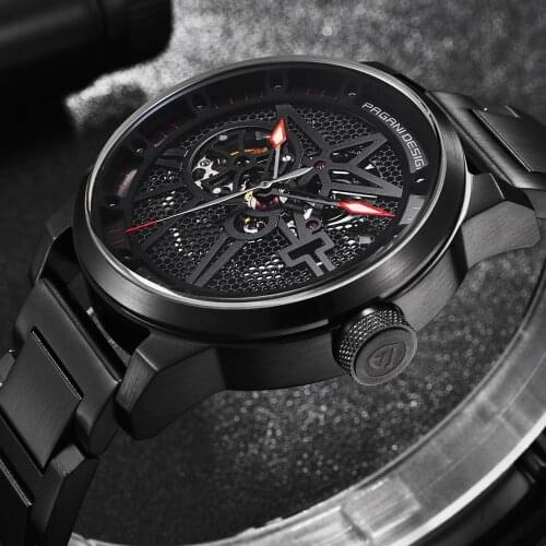 PAGANI DESIGN Fashion Stainless Steel Mens Watches Skeleton Automatic Self-Wind Mechanical Wristwatches Male Business Clock