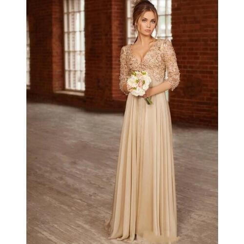 Champagne Long Dress Chiffon Maternity Evening Dresses Formal Dress Lace Pearl Beaded Three Quarter Sleeve Evening Dresses