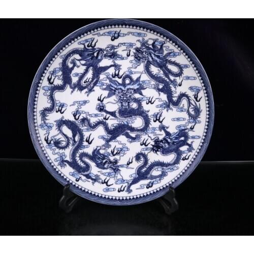 Jingdezhen Porcelain Blue and White Dragon Appreciation Plates Antique Porcelain Collection