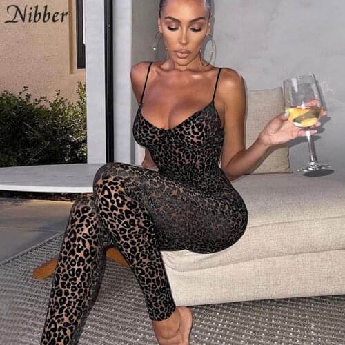 Nibber High quality Sexy Mesh Leopard Jumpsuit Women 2021Autumn Sling One Piece Clothing Playsuits Party Attire Clubwear Female