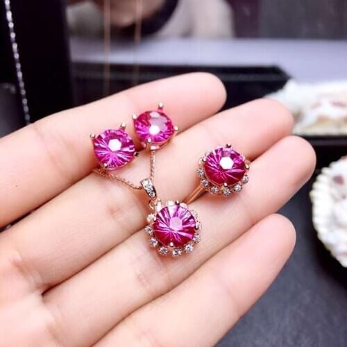 Natural pink Fireworks topaz Ring Pendant Earrings Natural Gemstone Jewelry Set 925 Silver Lovely round Women party gift jewelry