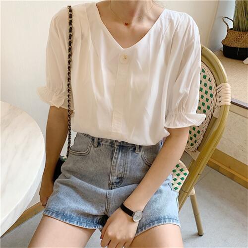 Korean Ladies Flare Sleeve T Shirt Preppy Style Button Sweet Female Topsv Loose Tee Fashion V-neck Summer Women Solid Tshirt