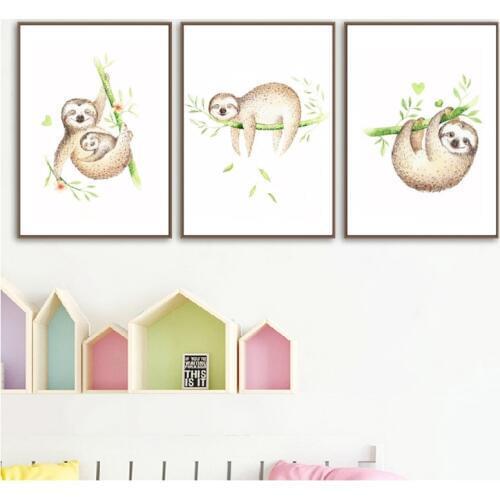 Sloth Woodland Animal Nursery Wall Art Canvas Painting Pictures Cute Animals Watercolor Posters Art Prints Children Room Decor