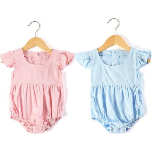 Summer Infant Solid Color Cotton Linen Newborn 3 Month Flutter Sleeve Babies Bubble Baby Girls Rompers