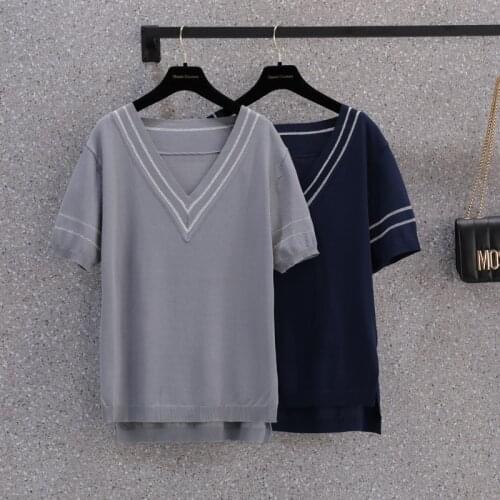 M-4XL plus size women Summer basic kintting casual sweater pullover 2021 loose short sleeve v neck Stripe female jumper top