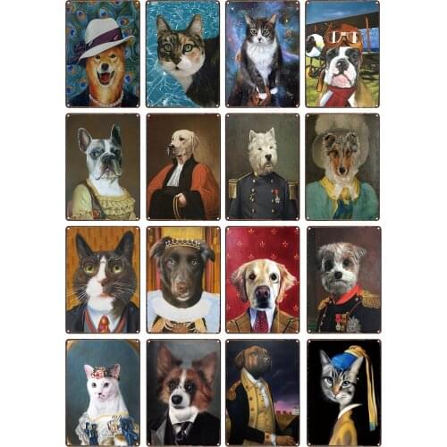 Metal Tin Sign Vintage Style of Lovely Cute Animal In Clothes Dogs Cats Portrait Personalized Poster for Kid Gift Bar Home Decor